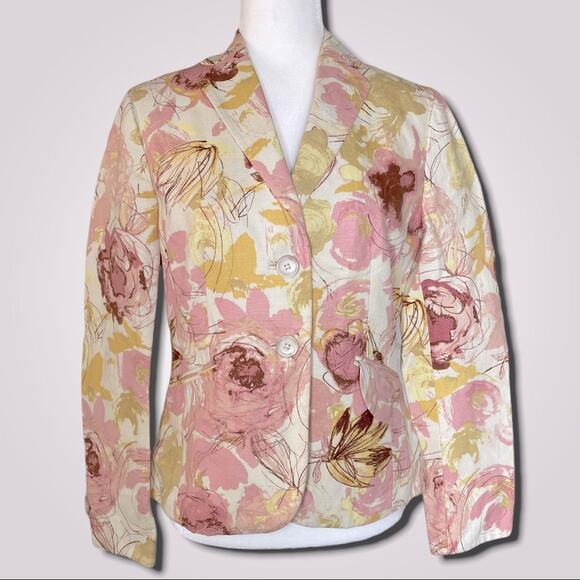ANN TAYLOR FLORAL LINED BLAZER COTTON LINEN CREAM PINK MEDIUM 6